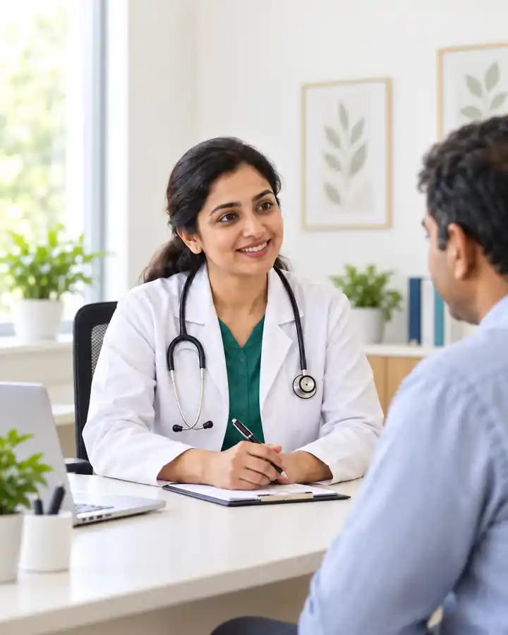 Illustrative scene of an Indian doctor listening to a patient during a clinic consultation